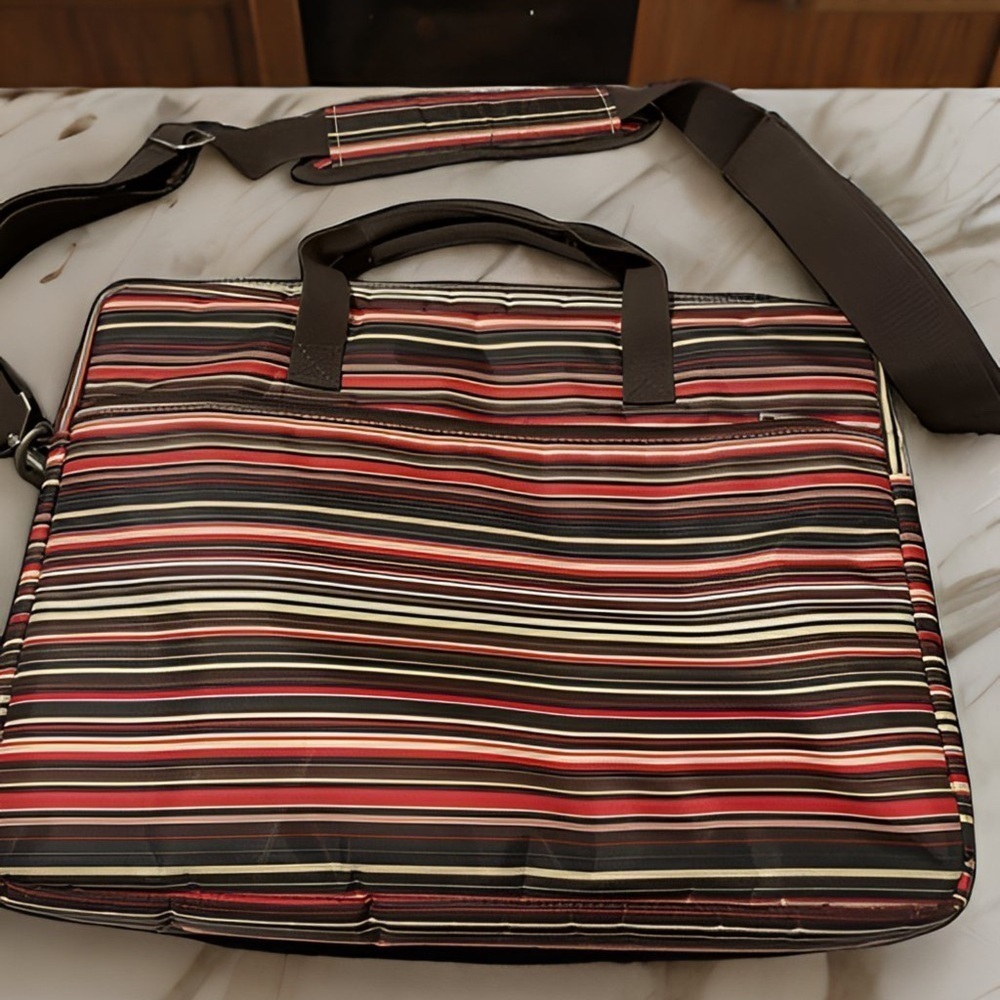 Laptop Briefcase Messenger Bag Brown Red Striped Padded Computer Bag - Picture 3 of 4